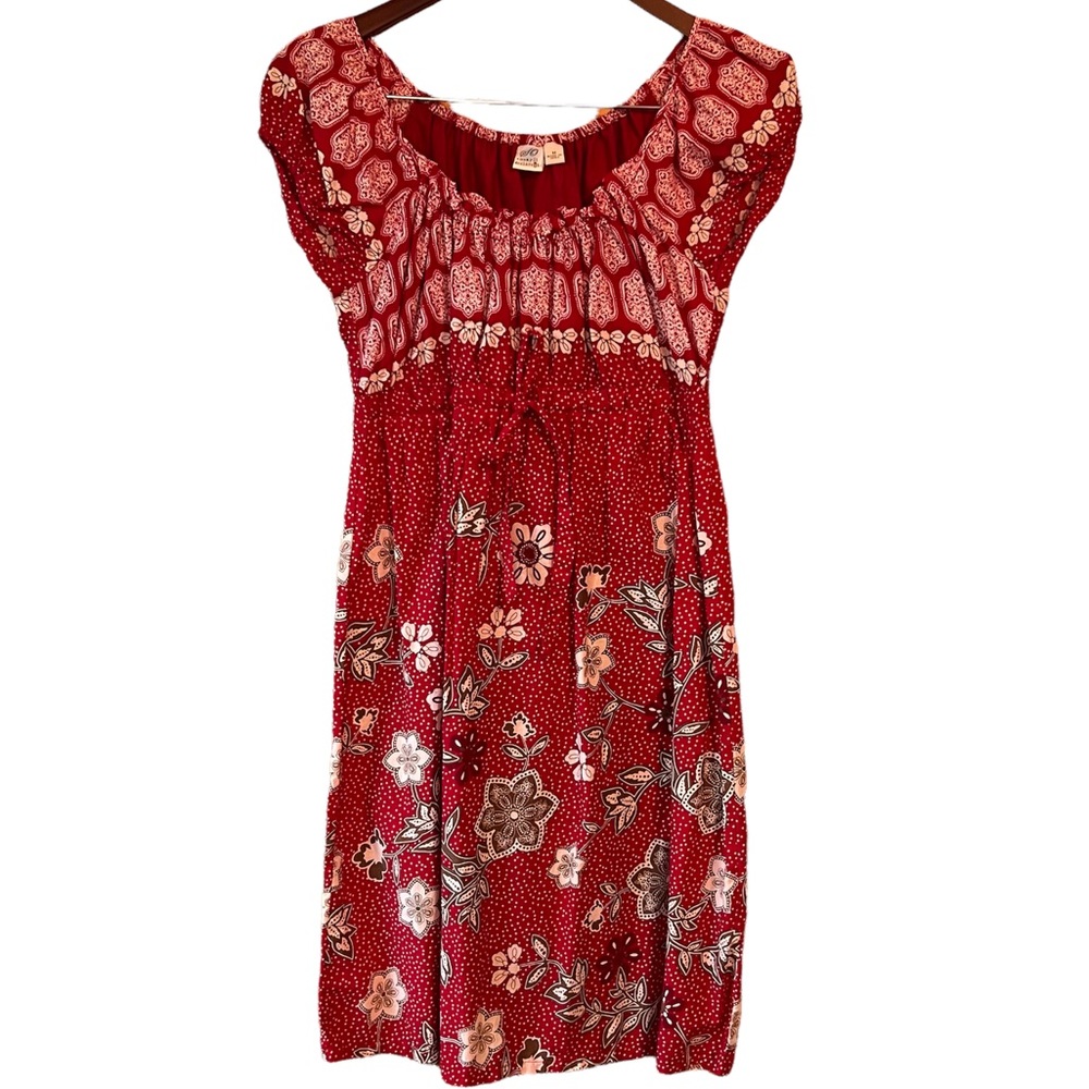 100% Cotton Red Printed Dress Size Medium Empire waist